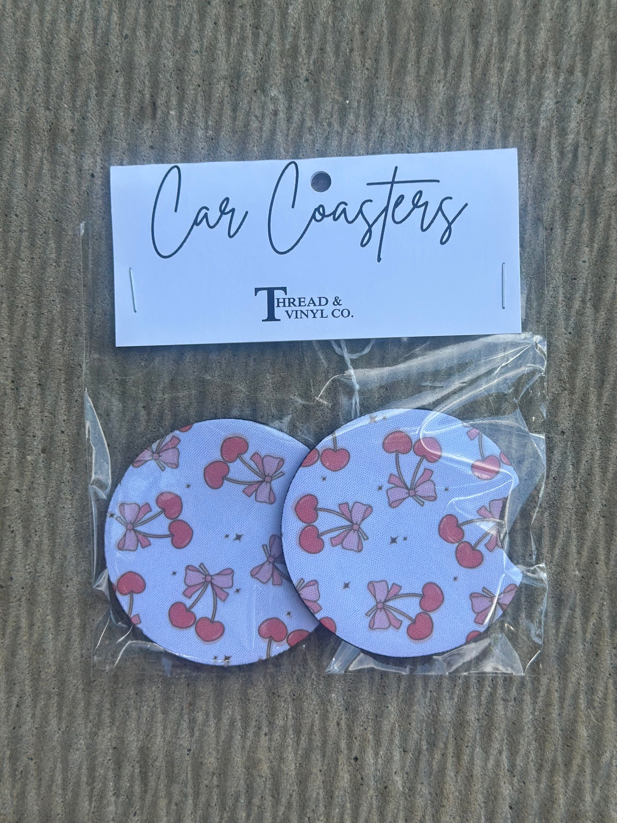 Cherries & Bows White Car Coasters