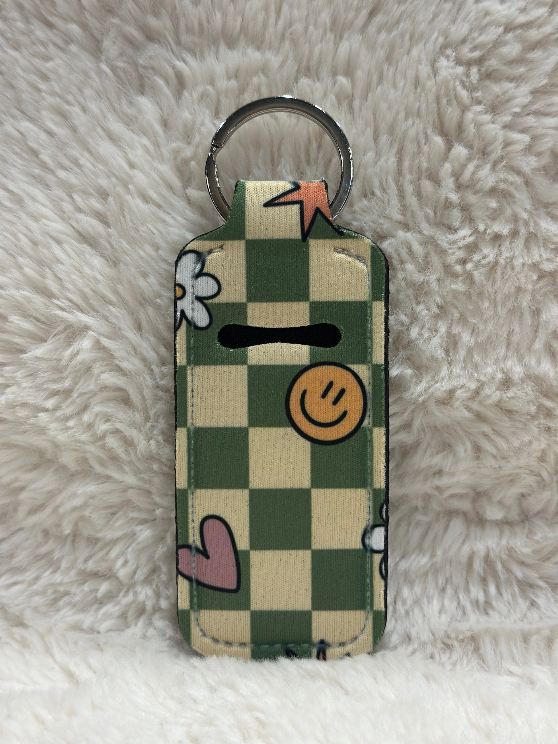 Green Checkered w/ Smiley Face, Heart, & Flower Chapstick Holder
