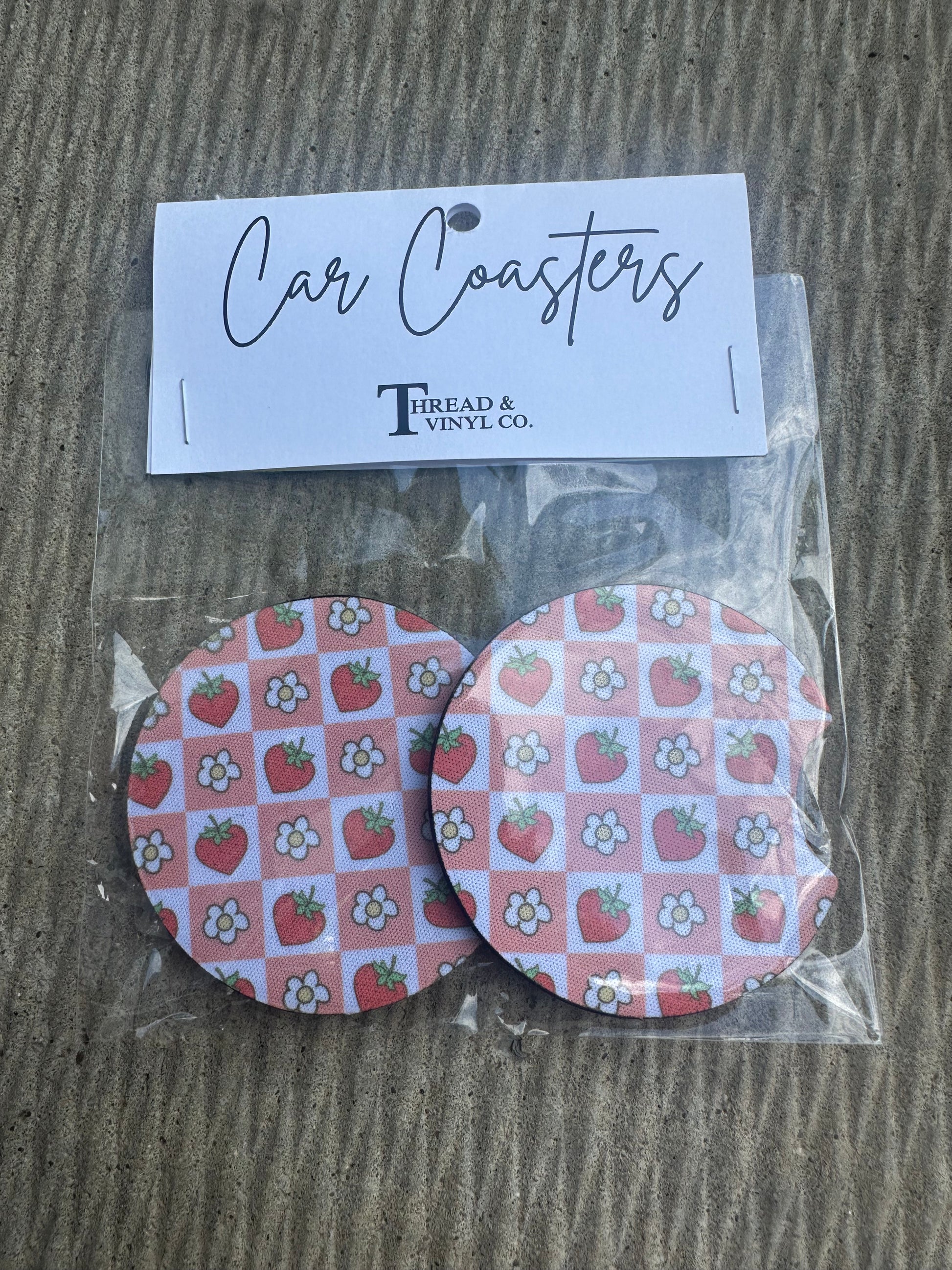 Floral & Strawberry Checkered Car Coasters