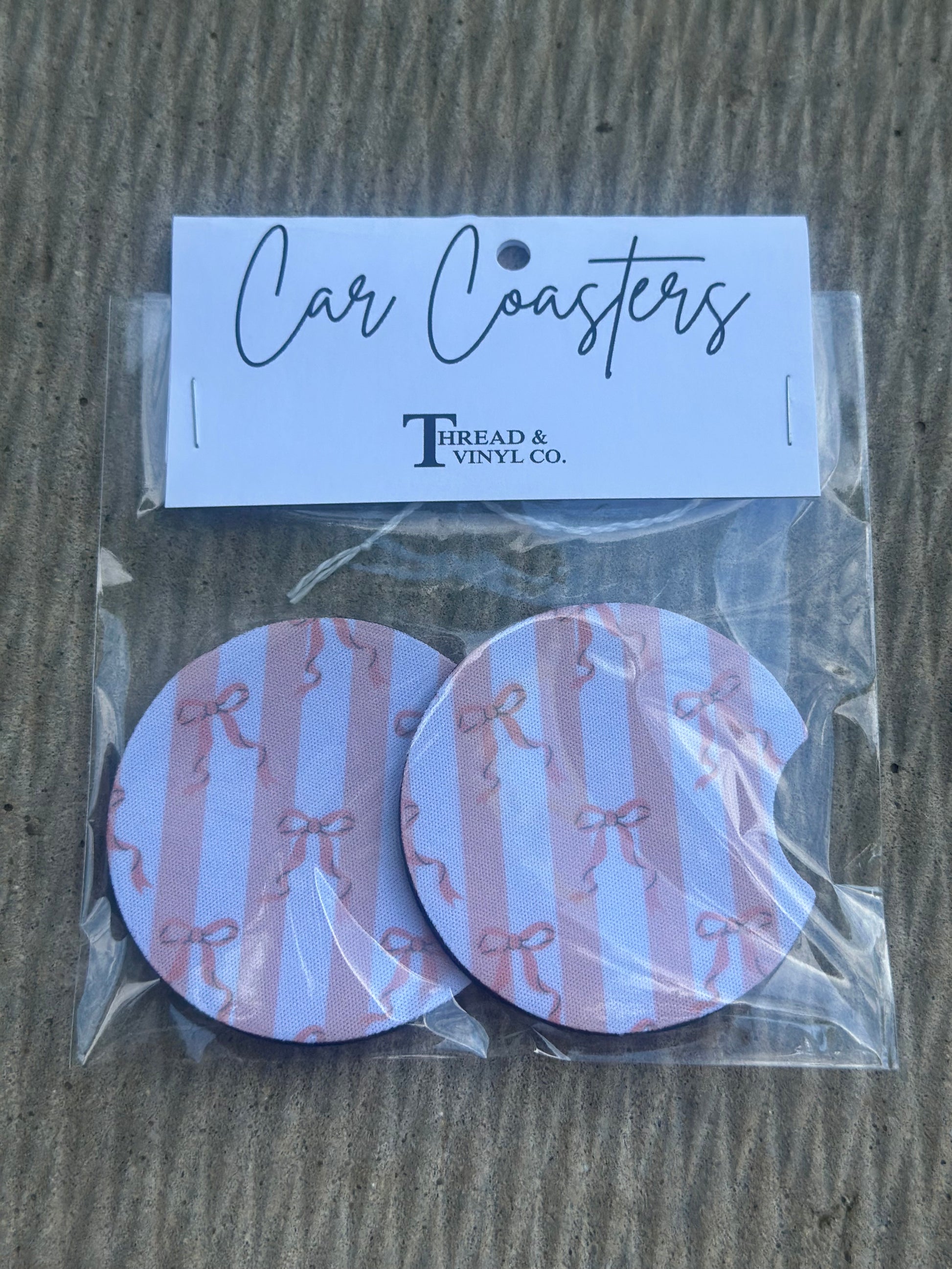 Pink/White Stripes & Bows Car Coasters