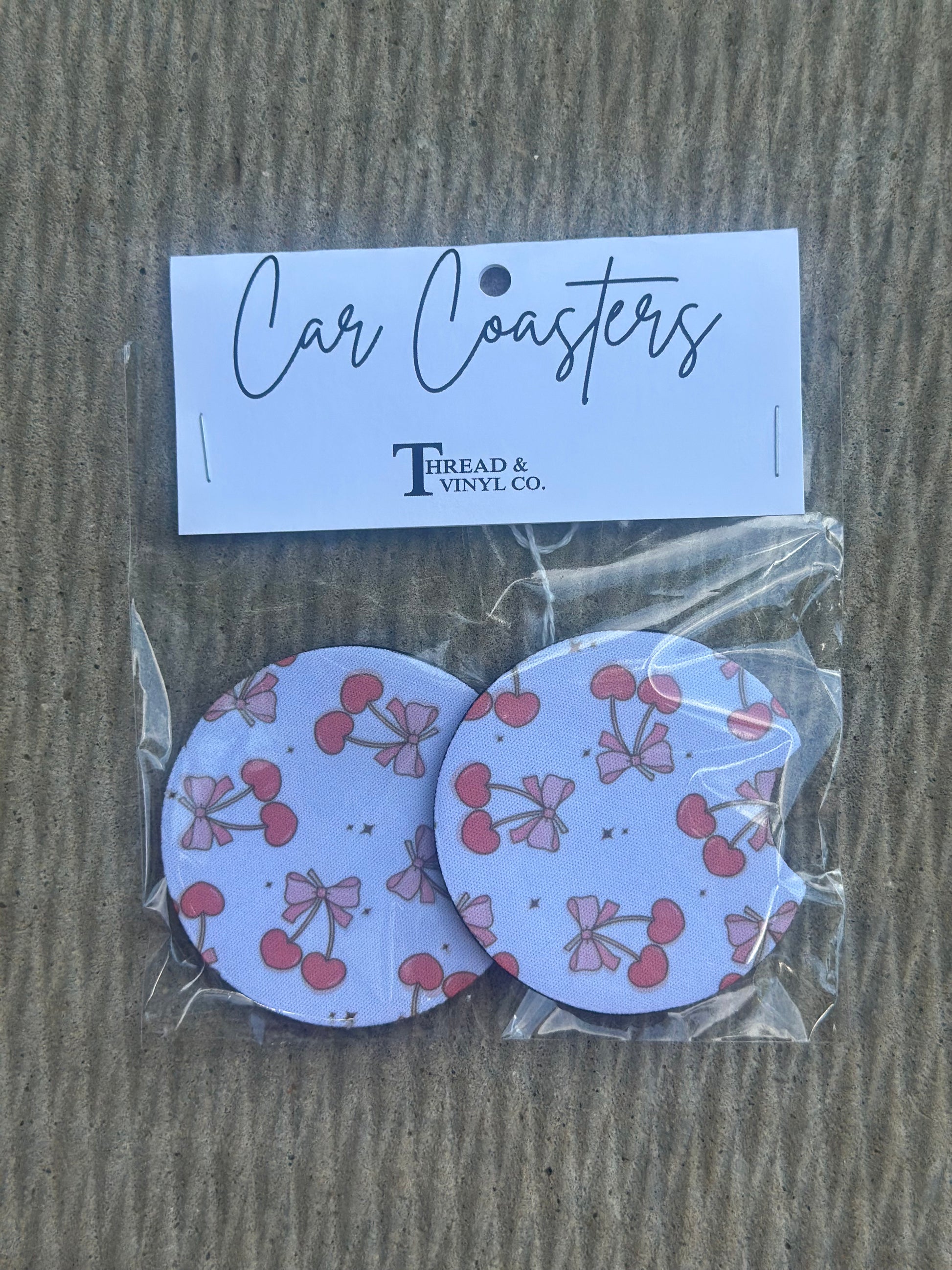 Cherries & Bows White Car Coasters