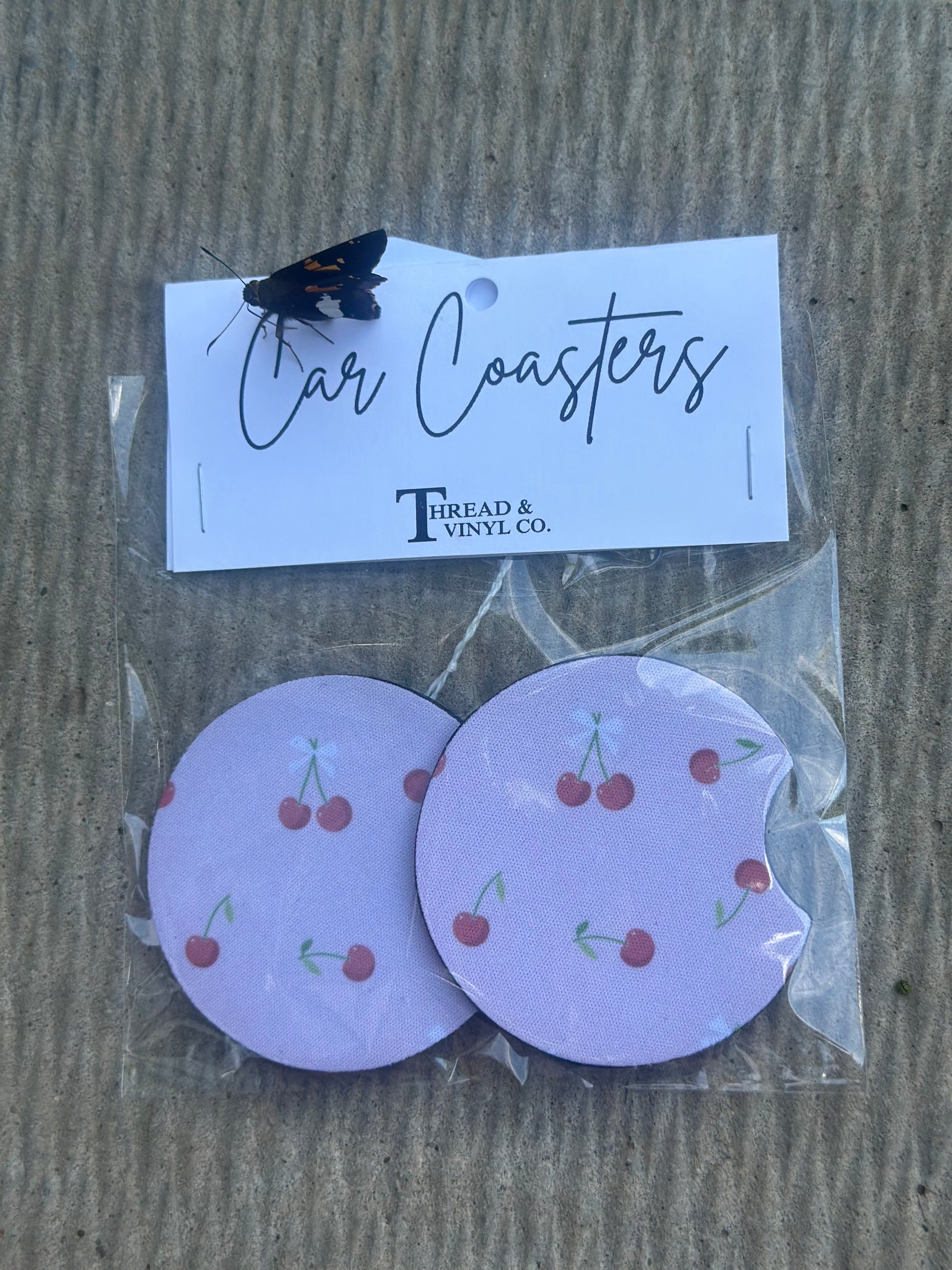Cherries & Bows Pink Car Coasters