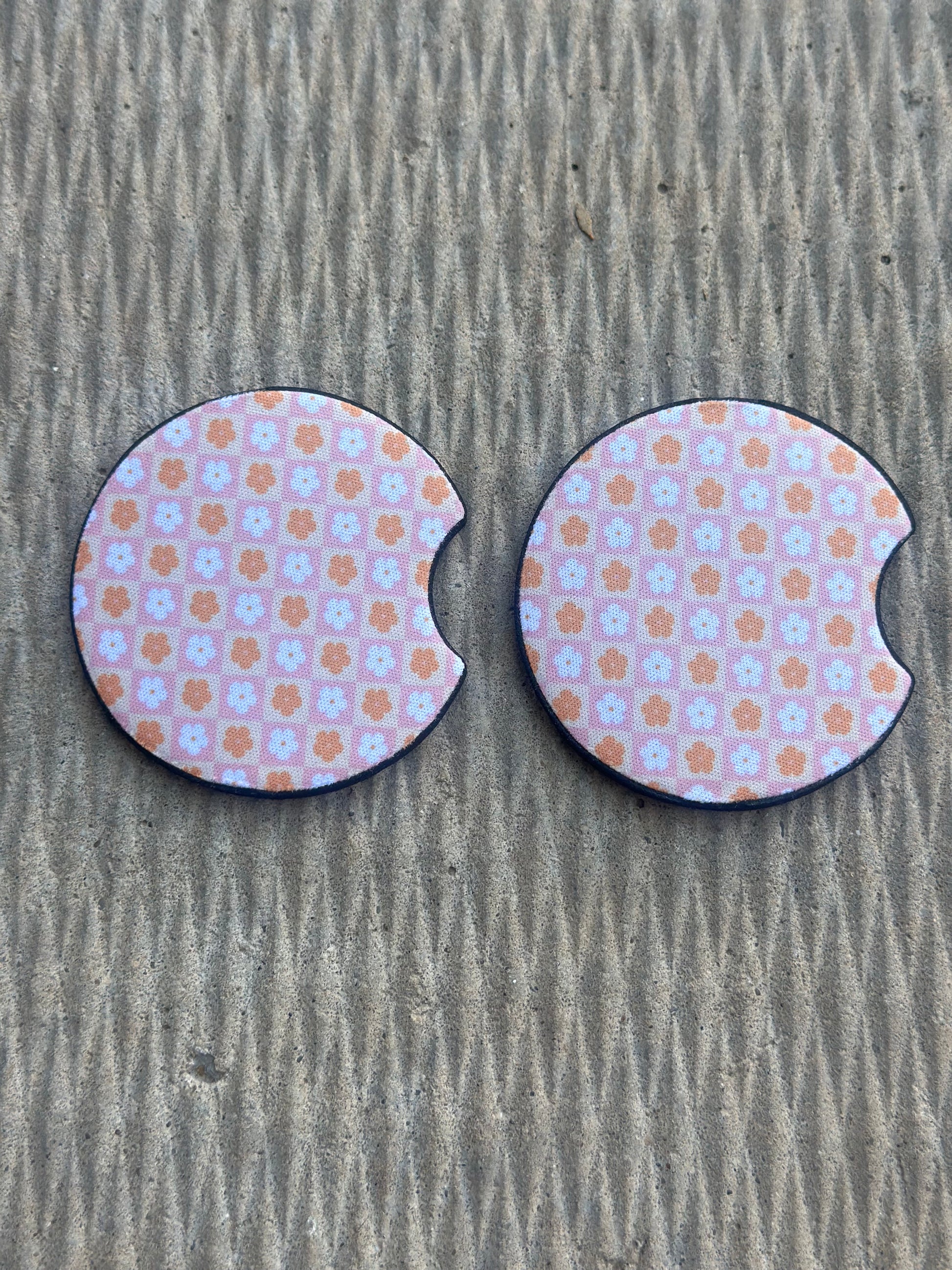Pink/Orange Flower Checkered Car Coasters