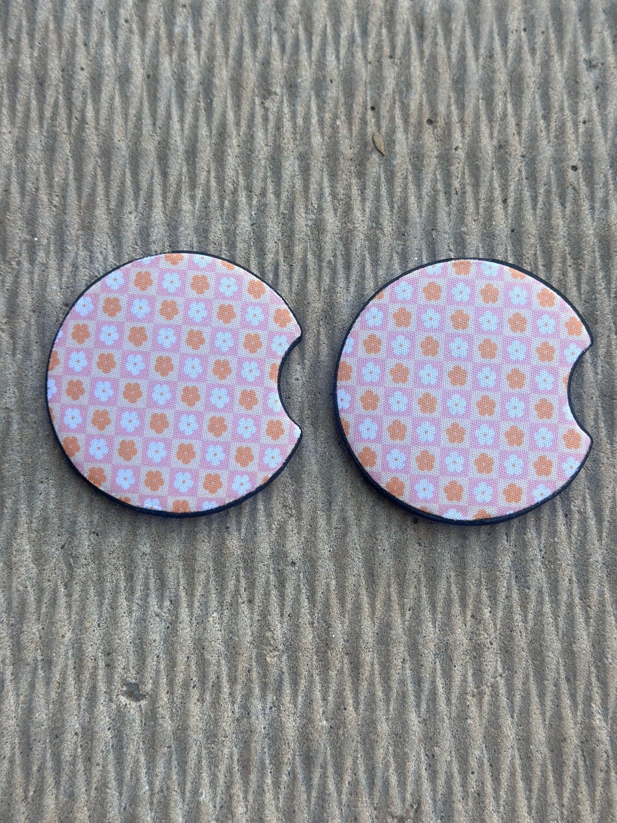 Pink/Orange Flower Checkered Car Coasters