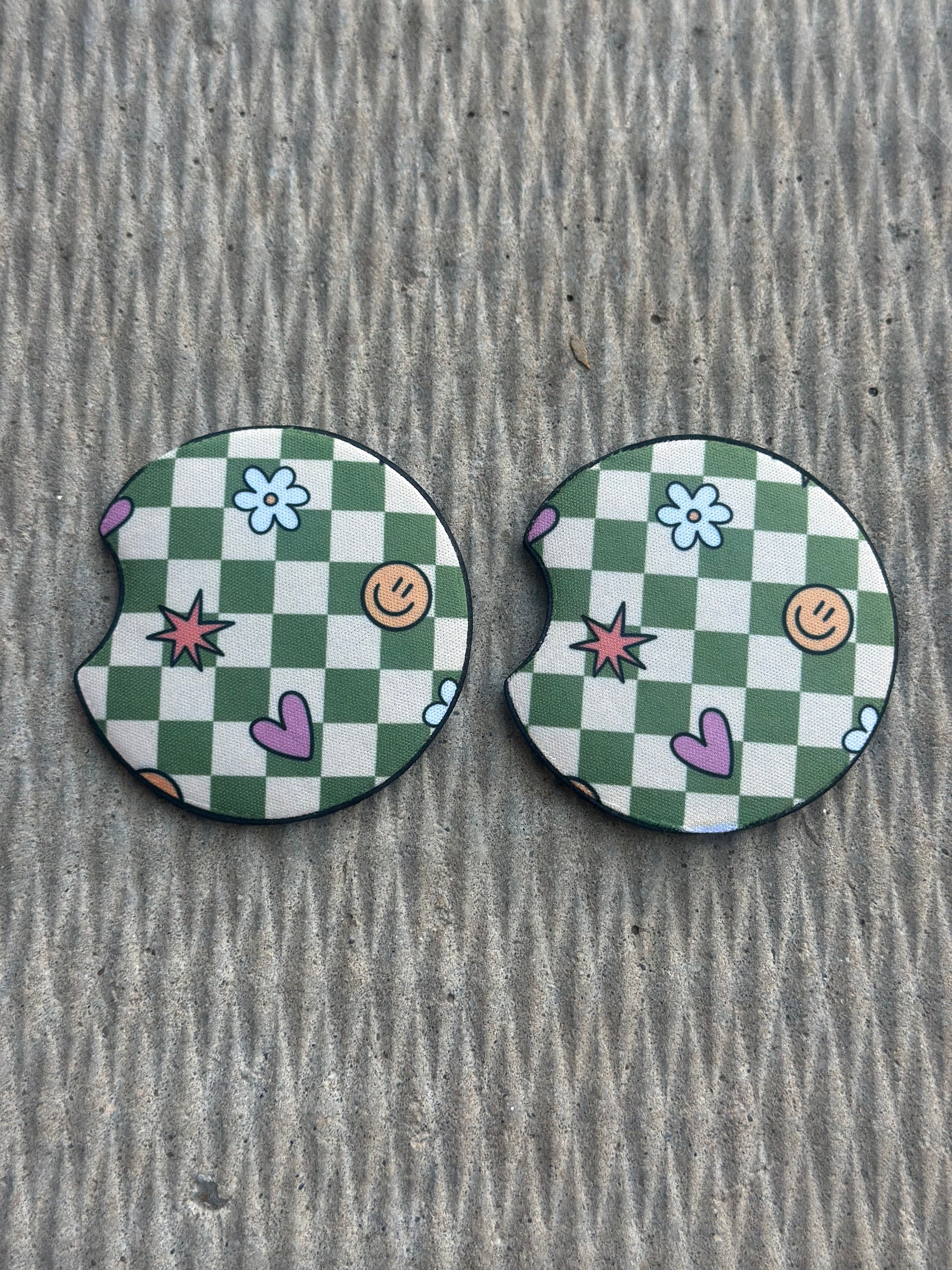 Green Checkered w/ Smiley Face, Heart, & Flower Car Coasters